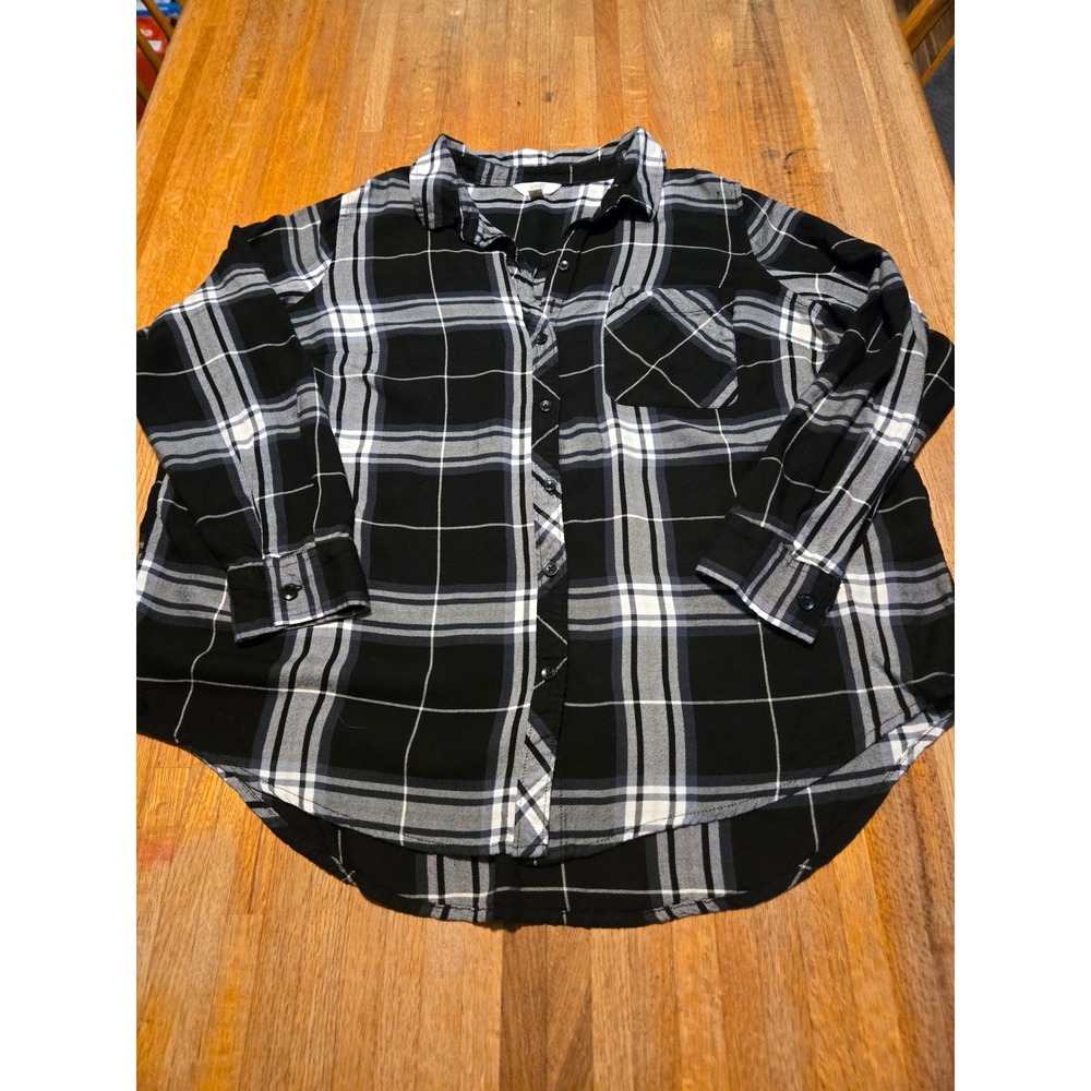 Terra & Sky Women 1X Black White Plaid Button Down Viscose Long Sleeve Shirt‎